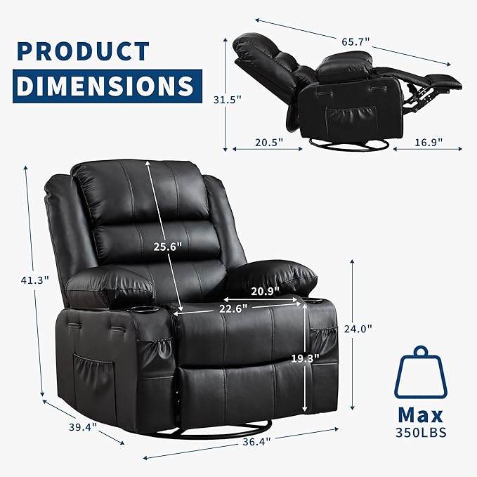 Rocking Recliner Chair for Adults Wide 360° Swivel Rocker Recliner