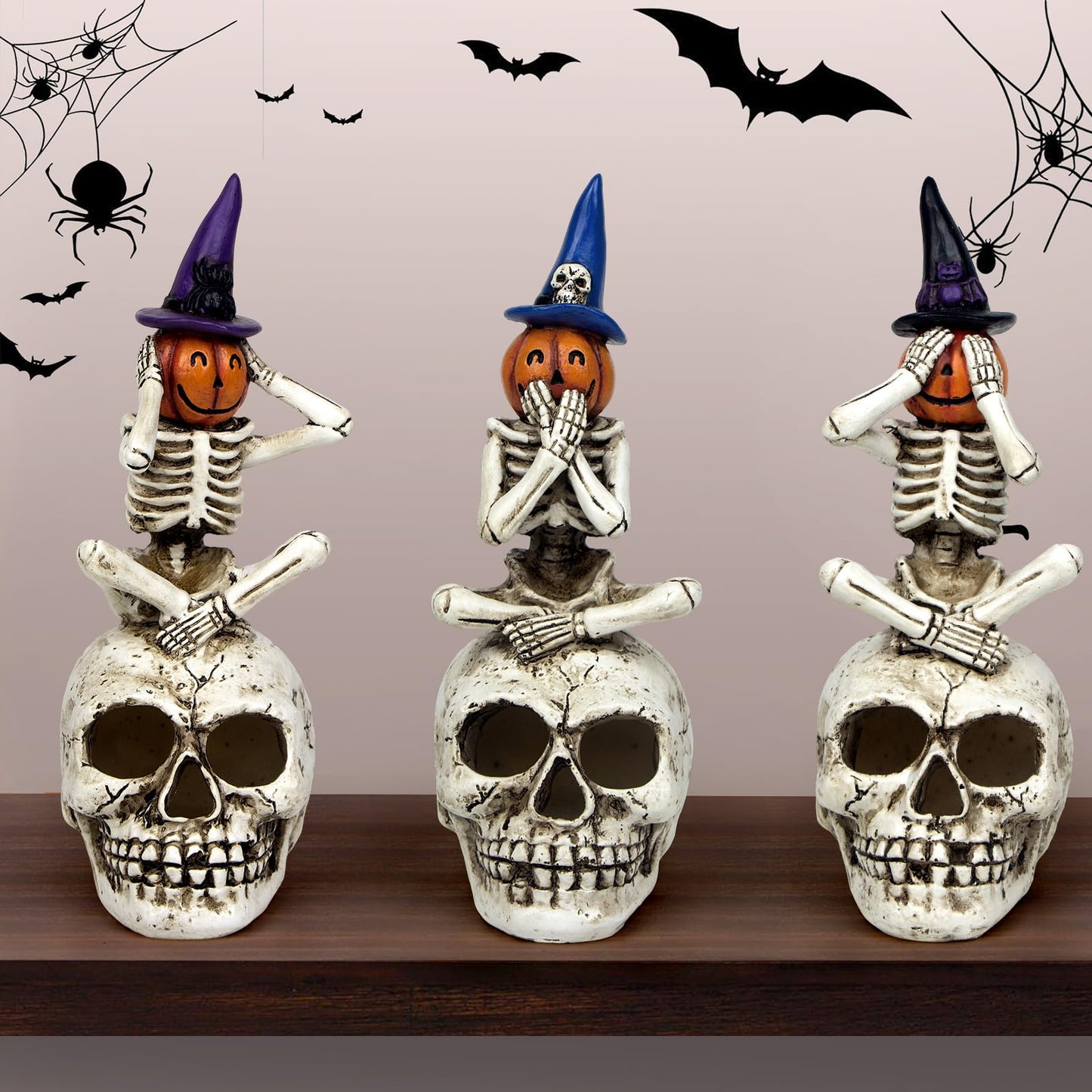 Mrlikale Halloween Skeleton Statue Set of 3, Witch Hat Pumpkin Skeleton Figurines with Skull Base Gothic Decoration for Tabletop, Home, Party