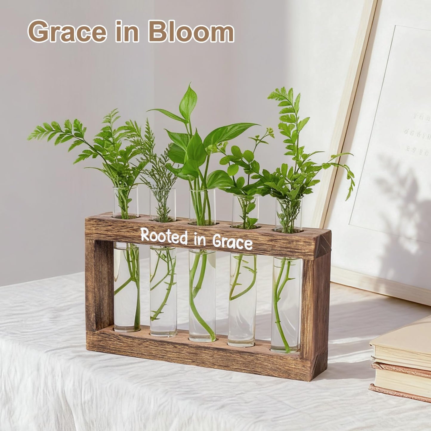 Rooted in Grace Plant Propagation Station – Wooden Stand with 5 Glass Vases, Faith-Inspired Christian Gift for Women, Indoor Plant Cutting Holder for Home, Office, Garden and Housewarming Décor