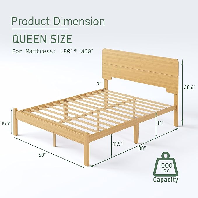 BOSRII 14in High Solid Bamboo Wood Platform Queen Size Bed Frame
