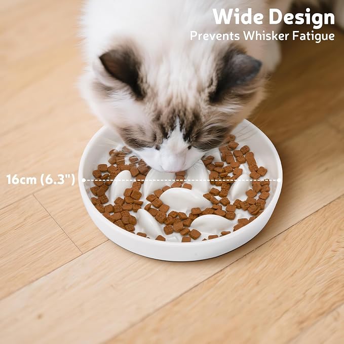 Ceramic Slow Feeder Cat Bowl 6.3" Wide (White) | Anti-Gulping & Keep Fit, Dishwasher Safe, For Dry and Wet Food, For Cats and Small Dogs, Shallow Bottom Puzzle Feeder