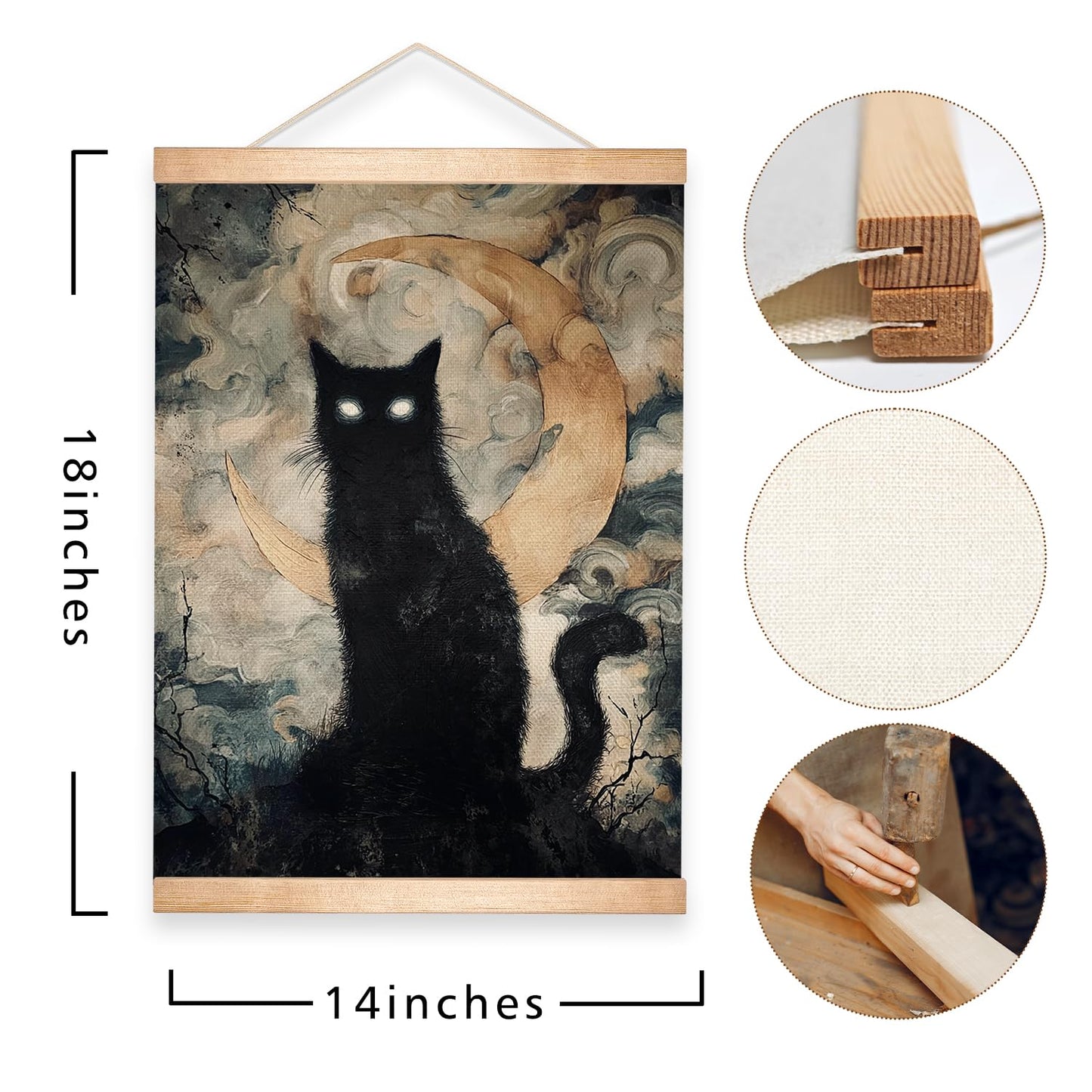 HEYJEEPER Halloween Black Cat Wall Art Hanging Poster 14x18In, Gothic Cat with Glowing Eyes and Crescent Moon Canvas Print, Spooky Witchy Wall Décor, Dark Academia Gothic Artwork for Haunted House Bedroom