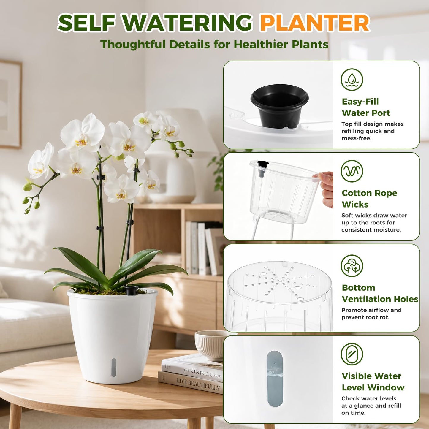 KvyusFlourish Upgraded Self Watering Pots for Indoor Plants, 4-Pack 5 Inch Top-Fill Self Watering Planter with Water Window, Orchid Pots, Clear Wick Inner Basket with Drainage, White
