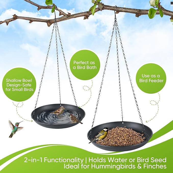 2-Pack Hanging Bird Bath, Outdoor Metal Birdbath with Shallow Feeder Bowl for Wild Birds, Garden, Patio, Deck & Yard, 2 Size (9.8"/11.8" Diameter) (11.8IN-2PACK)
