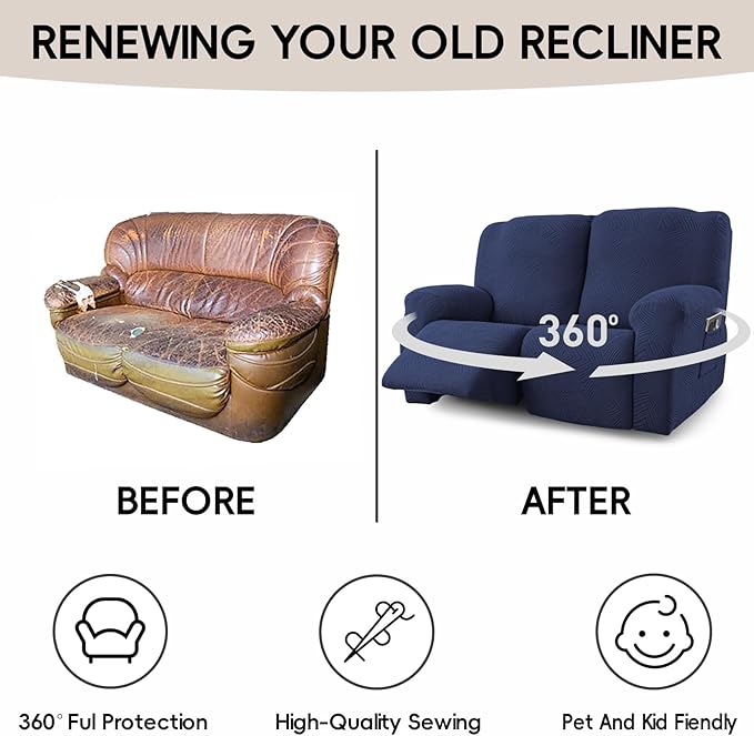 Recliner Loveseat Covers, 4-Piece Stretch Geometric Strokes Jacquard Reclining