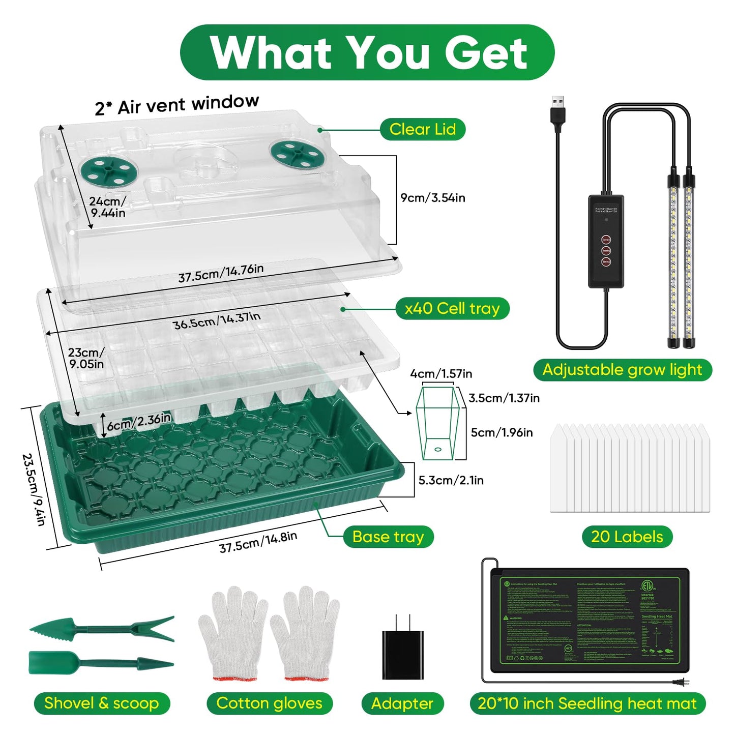 BlumWay 4-in-1 Seed Starter Tray with Grow Light &Heat Mat & Soil Meter Set,40-Cells Seedling Tray with Humidity Dome for Indoor Plant