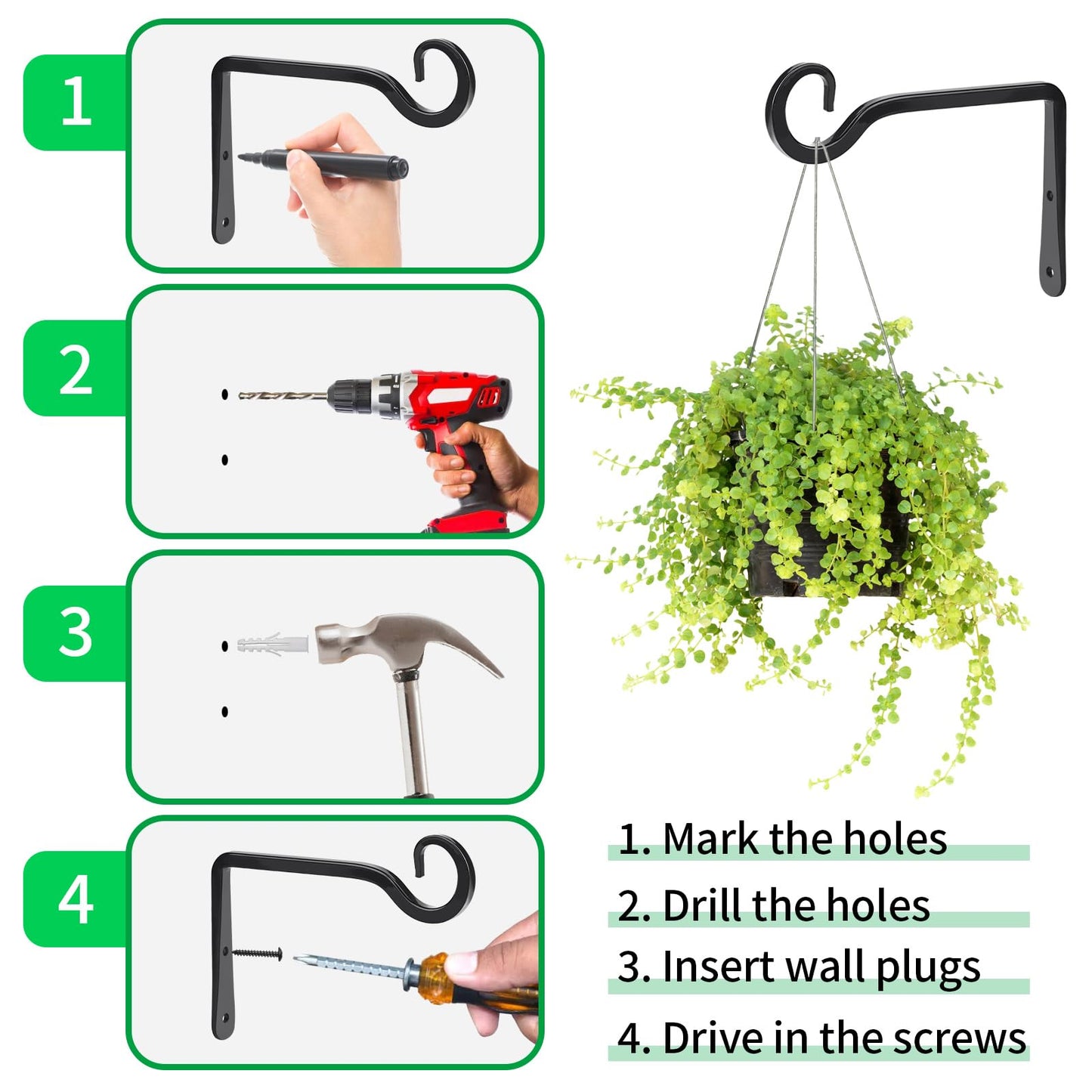 MOWPOG Plant Hangers Outdoor, 4 Pack 6 Inch Hanging Plants Bracket, Metal Hanging Hooks, Wall Hooks for Bird Feeder, Flower Basket, Wind Chimes, Indoor Outdoor (Black)