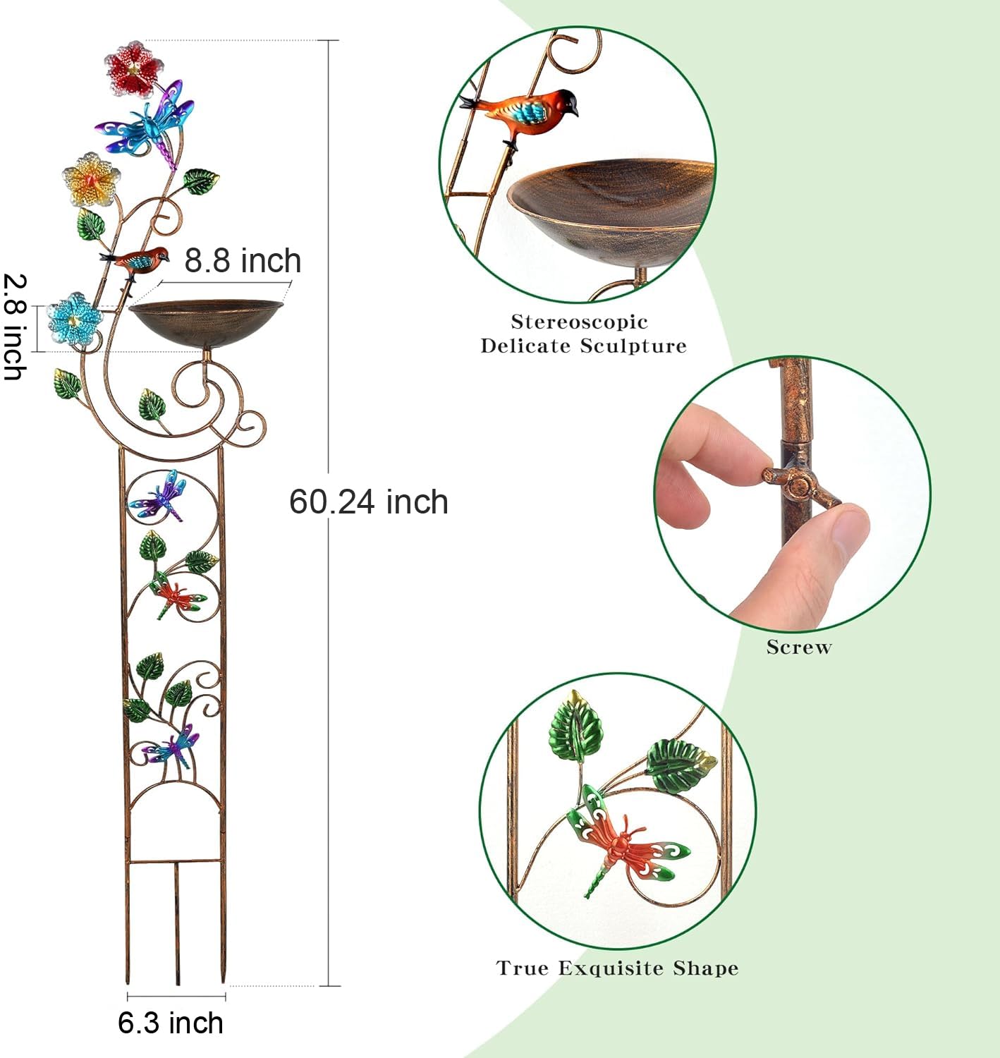 YADOOLIFE 57” Bird Bath with Garden Trellis for Climbing Plants Outdoor, Small Decorative Trellises Metal Birdbath Bird Baths, 1 Piece (Dragonfly)