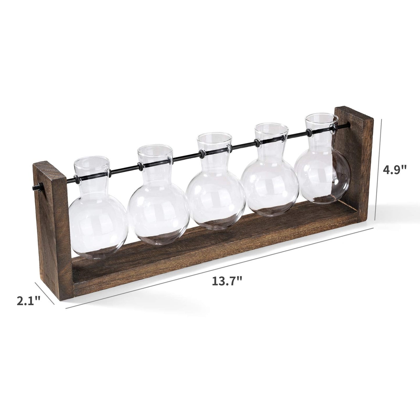 Mkono Plant Terrarium with Wooden Stand, Wall Hanging Glass Planter Desktop Plant Propagation Vase with Metal Swivel Retro Rack for Hydroponics Plants Home Office Decor (5 Bulb Vase)
