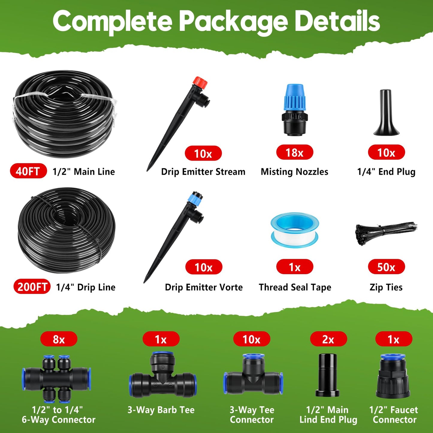 240FT Drip Irrigation System Kit Quick-Connect, Automatic Garden Watering System for Raised Garden Beds, Greenhouse, Yard, Lawn, Plant with 1/2 inch Hose 1/4 inch Distribution Tubing and Accessories