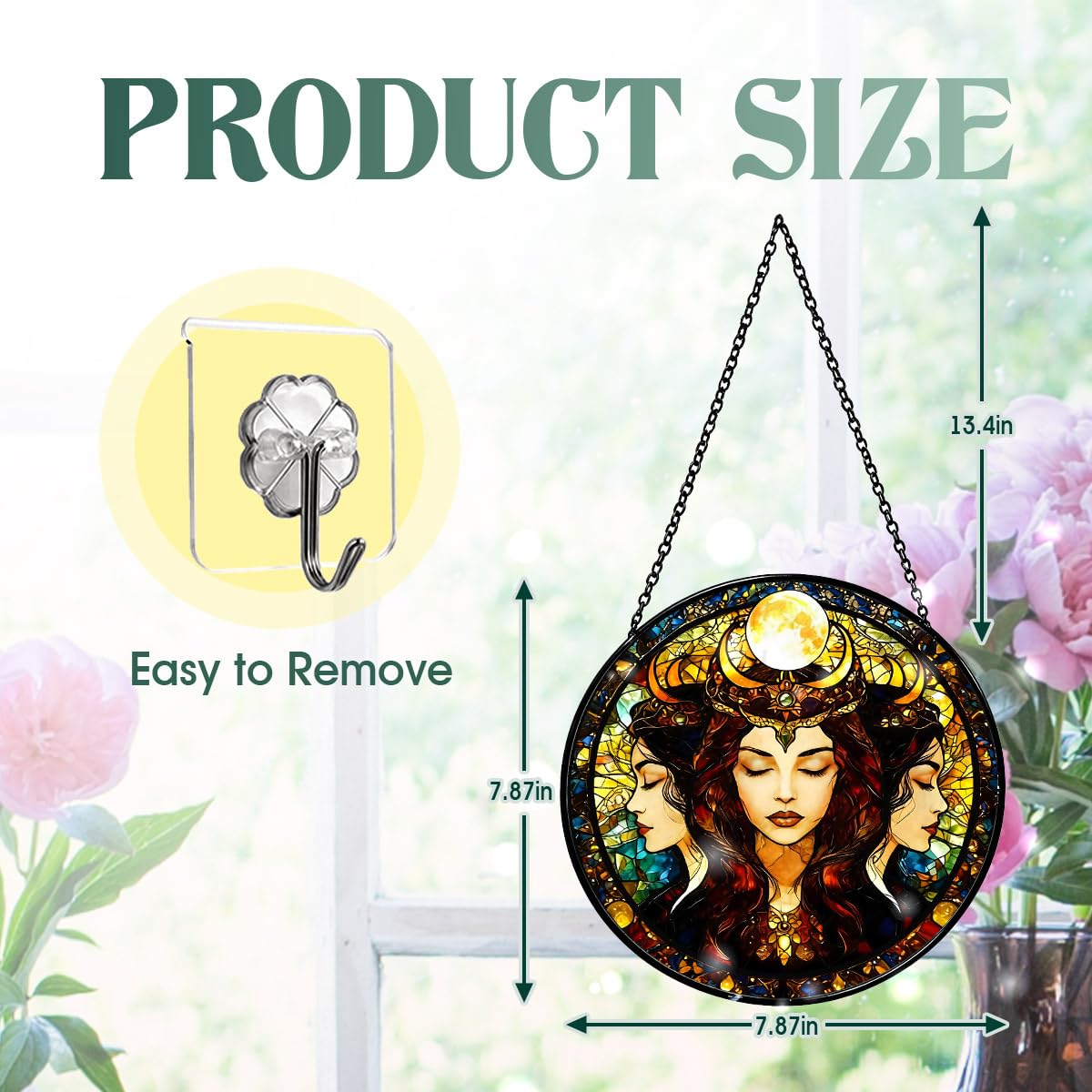 Greatingreat Stained Glass Window Hanging Hecate Triple Moon Goddess, Home Room Decor 7.8 Inch Sun Catchers Indoor Window, Whimsical Decor Pagan Wiccan for Women,Dark Feminine Energy