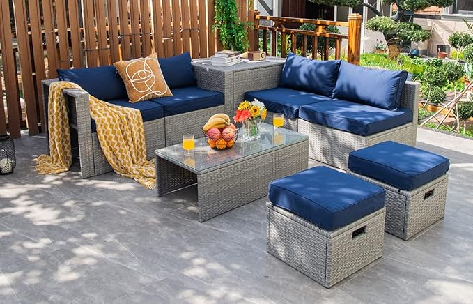 Tangkula 8 Piece Patio Wicker Furniture Set, Patiojoy Space Saving Outdoor PE