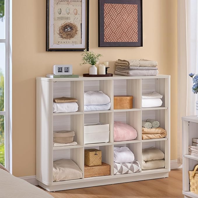 Joaxswe 12 Cube Storage Organizer, Wood Floor Standing 3-Tier Cubby Bookcase