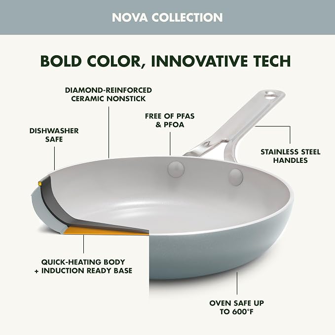 GreenPan Nova 10-Piece Nonstick Cookware Set, PFAS-Free Ceramic Pots & Pans with Silicone Cooking Utensils, Durable Fast Heating, Induction Ready, Oven Safe to 600°F, Dishwasher Safe, Coastline Blue