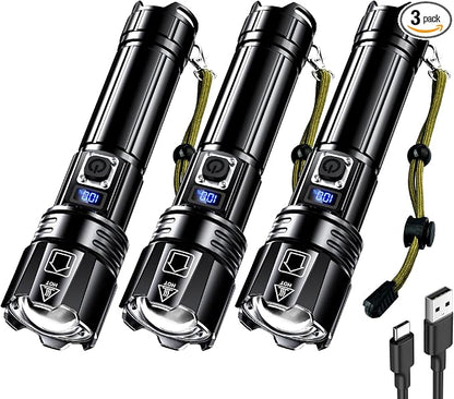 AKNEAR Rechargeable LED Flashlight High Lumens, Super Bright Flashlights with Zoomable & USB C Rechargeable & 5 Light Mode & Waterproof, Powerful Flash Light for Home, Hiking (Digital Display, 3 Pack)