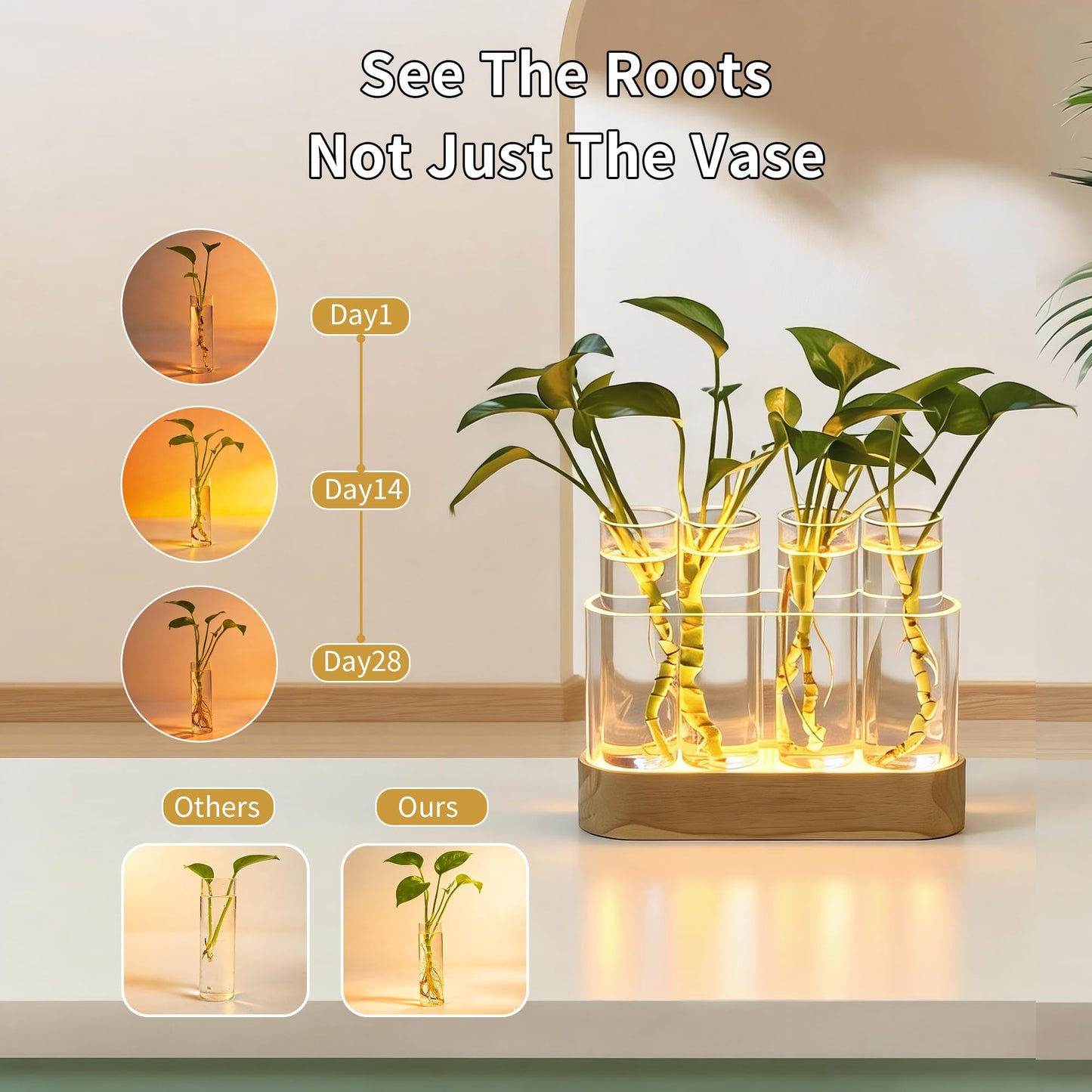Plant Propagation Station with LED Lights, 4 Glass Test Tubes, Oak Stand, 3 Lighting Modes 9-Level Dimming, Rear USB-C Hidden, for Window Sill Desk Shelf, Gift for Plant Lovers
