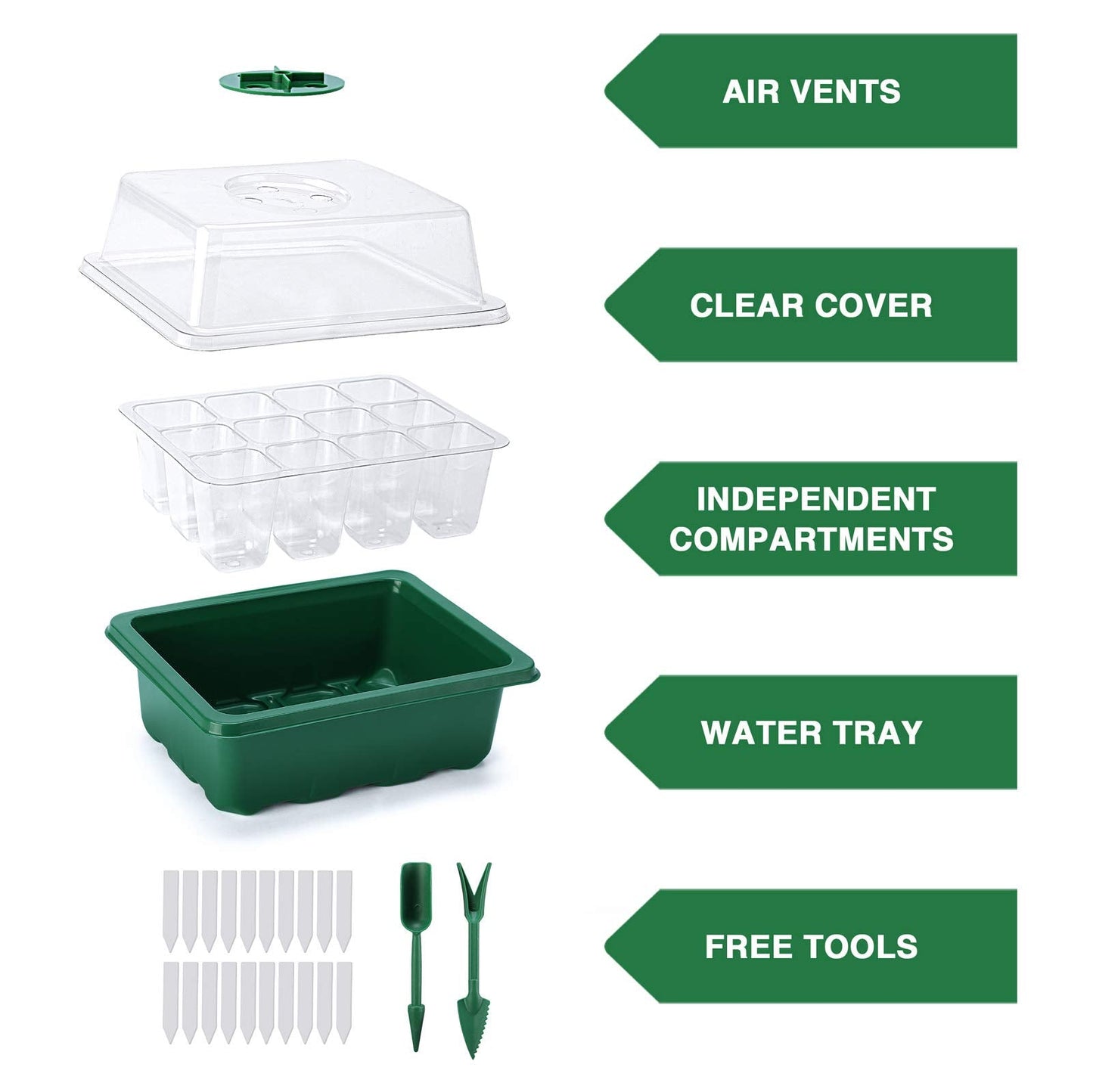 Delxo 10-Pack Seed Starter Kit Seedling Starter Tray (12 Cells) Humidity Adjustable Plant Germination Kit Garden Seed Starting Tray with Dome and Green Base Plus Plant Tags Hand Tool Kit
