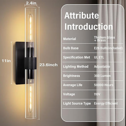 Bathroom Vanity Light Fixtures Wall Sconces, 22.8" Sconces Wall Lighting 2-Light, Black Glass Lamp, Glass Vanity Lights, Indoor Wall Lamps for Bedroom Bedside Living Room Hallway