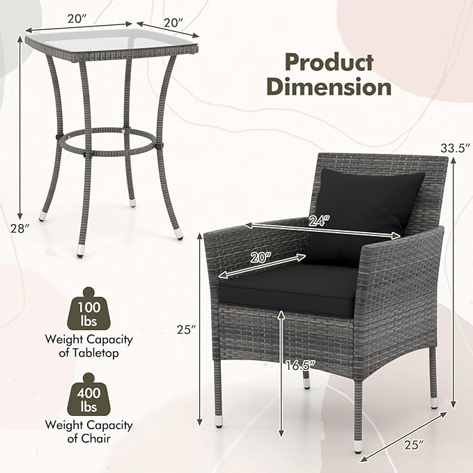 Tangkula 3-Piece Patio Furniture Set, PE Wicker Conversation Bistro Set w/A