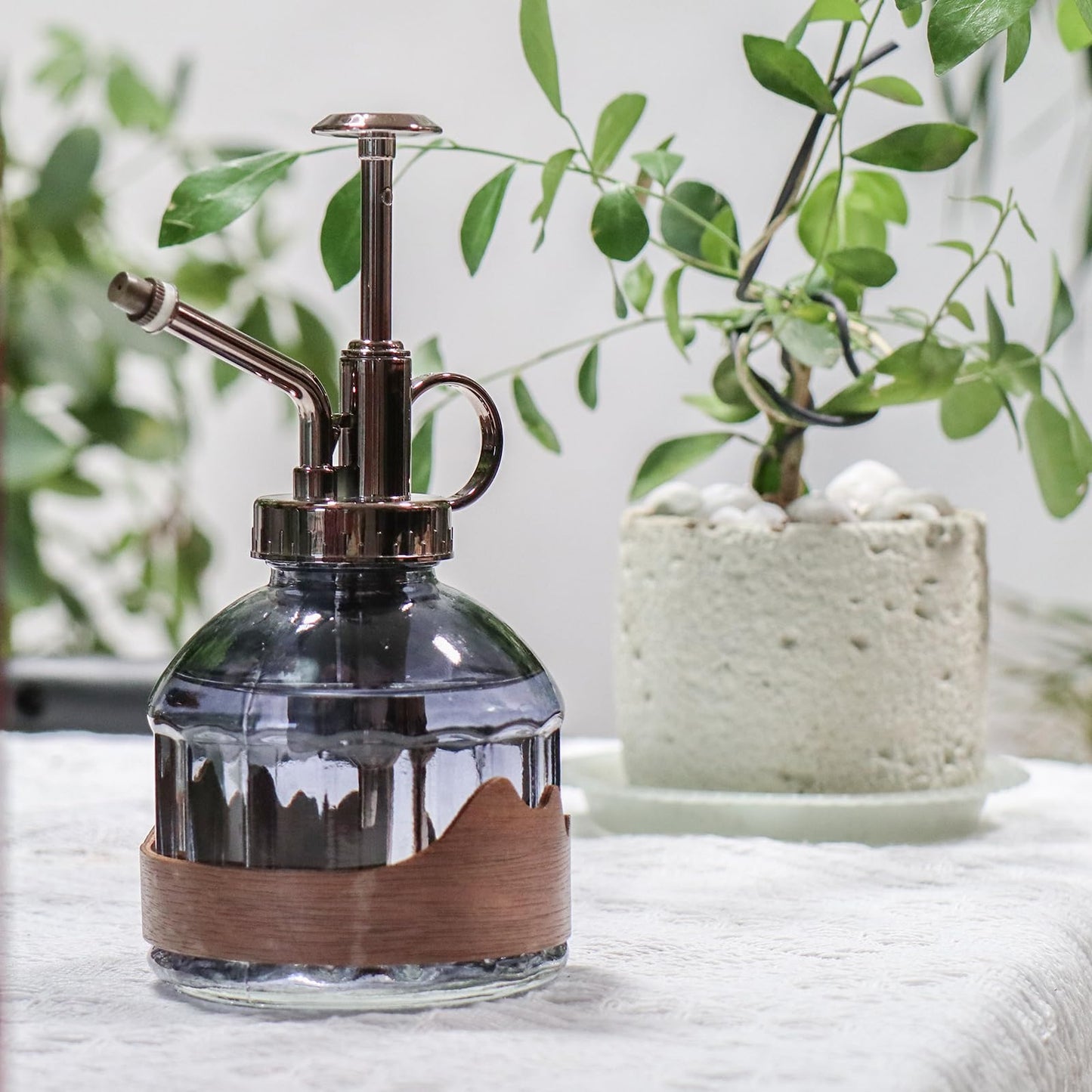 OFFIDIX Glass Plant Mister, 6.3 Inches Tall Vintage Style Spritzer Bronze Plastic Top Pump One Hand Watering Can Indoor Plant Spray Bottle for Garden, Plants, Cleaning (Distant Hill)