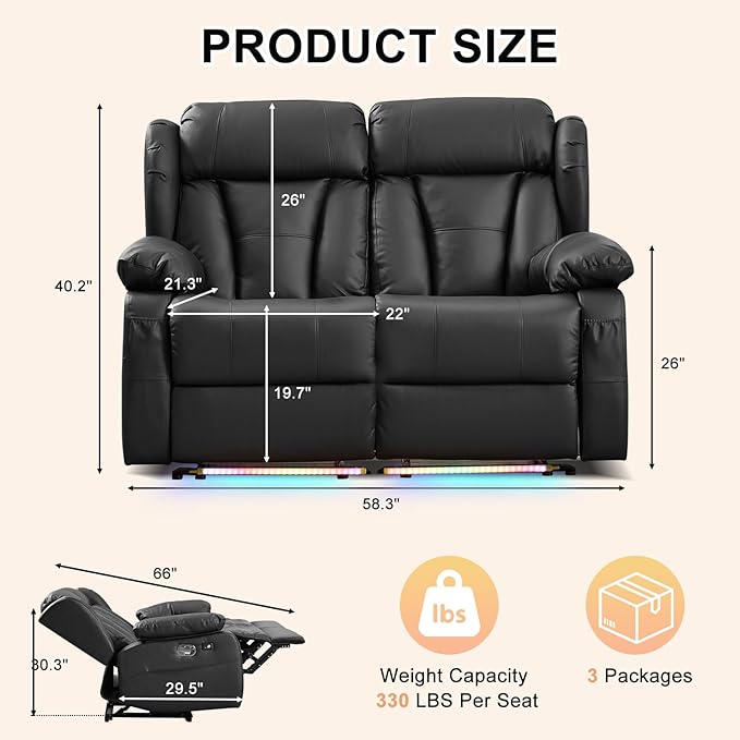 58.3" Reclining Loveseat Sofa, RV Loveseat Recliner Couch