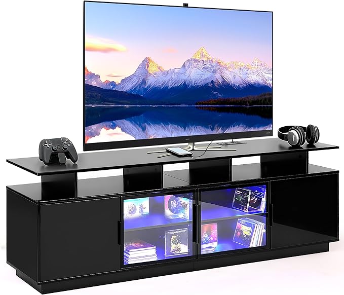 70 Inch Black TV Stand for Living Room, LED Entertainment Center for Gaming