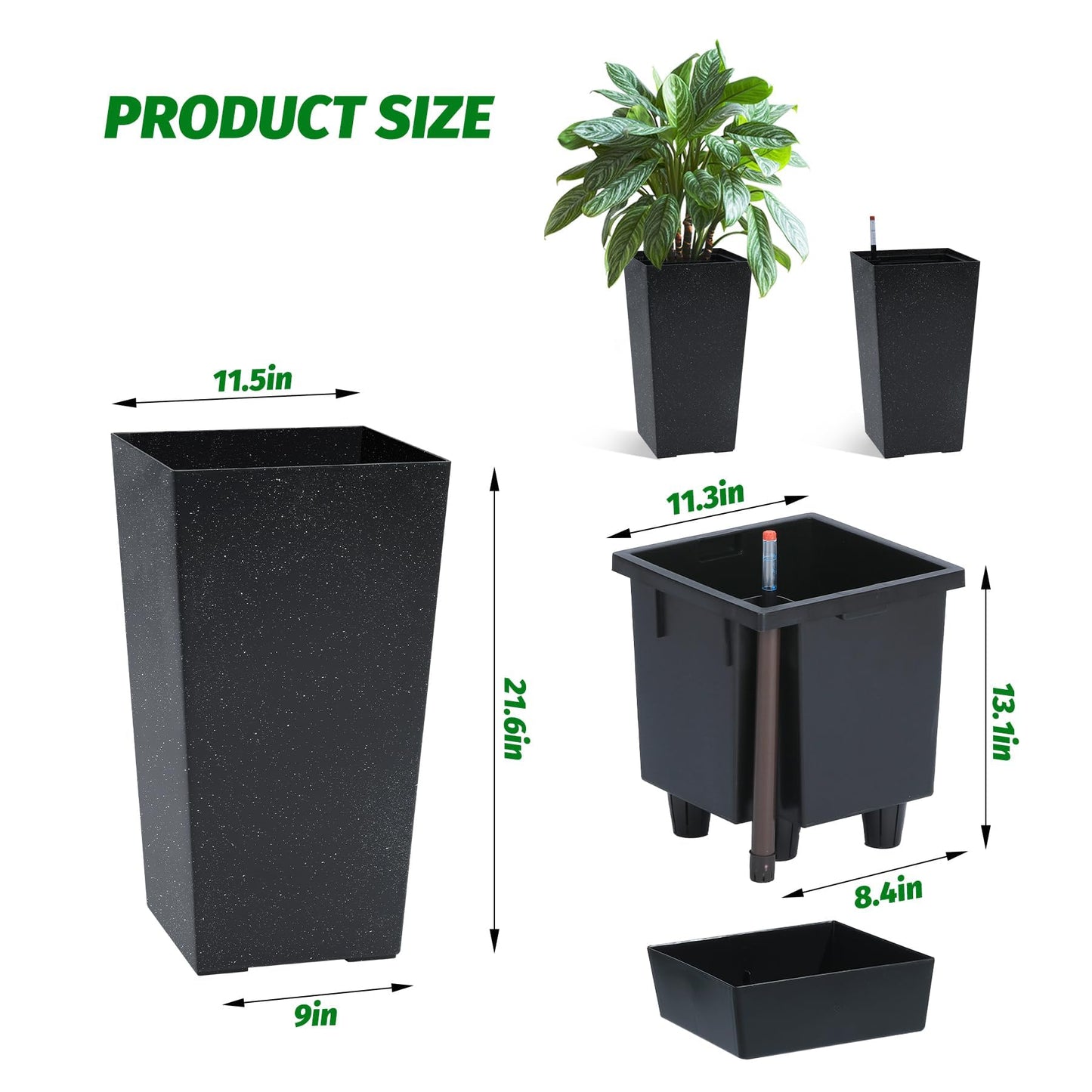 Liyaxenug Tall Planters Set of 2, 22.5 Inch Self-Watering Outdoor Indoor Plant Pot with Water Level Monitor & Drainage Holes, Large Modern Flower Pot with Inner Bucket, Trays & Wheels – Black