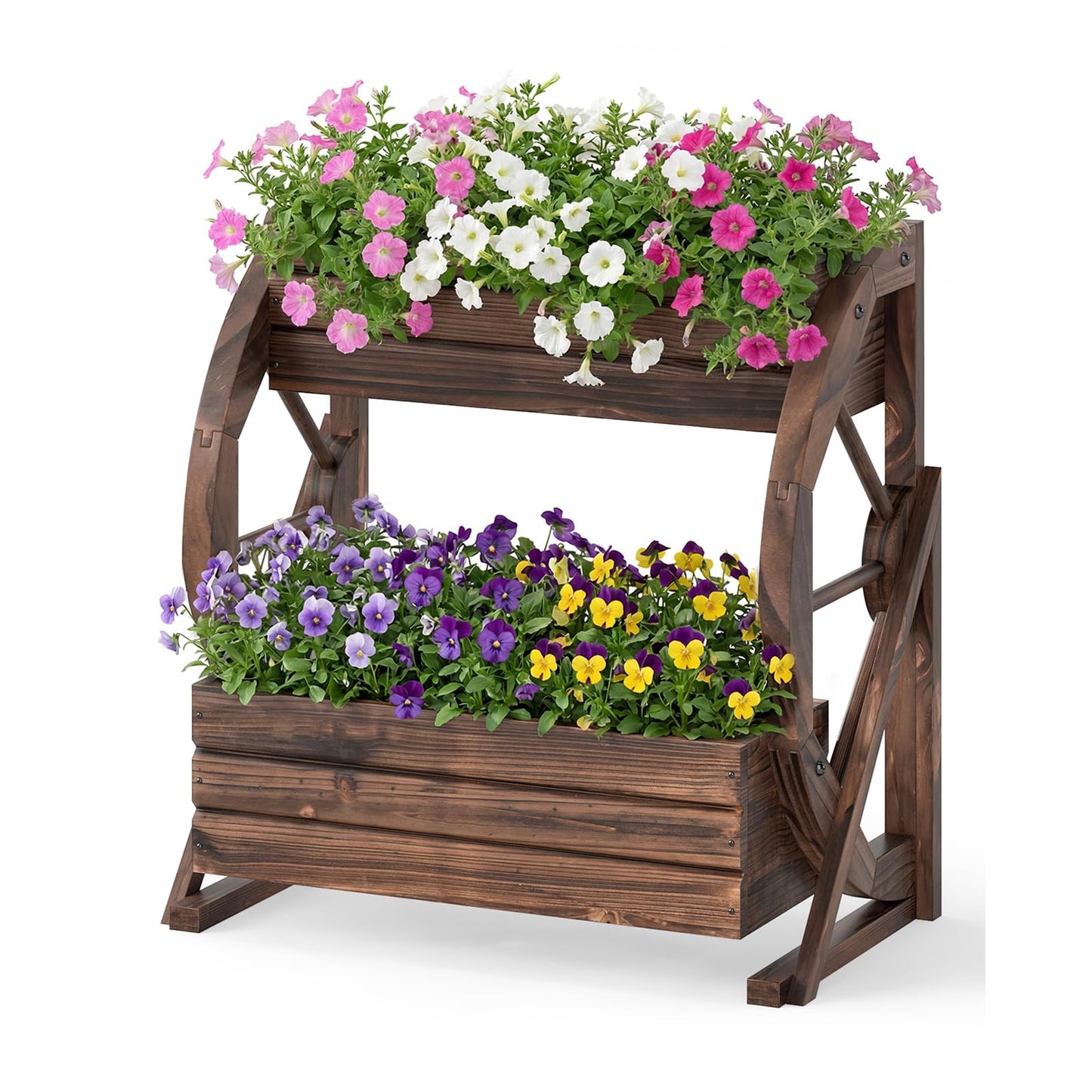 Byroce Wooden Wagon Planter Box, 2-Tier Raised Garden Bed with Drainage Holes for Flowers, Vegetables & Herbs, Indoor Outdoor Decorative Wheel Cart for Patio, Yard & Balcony, Rustic (1)