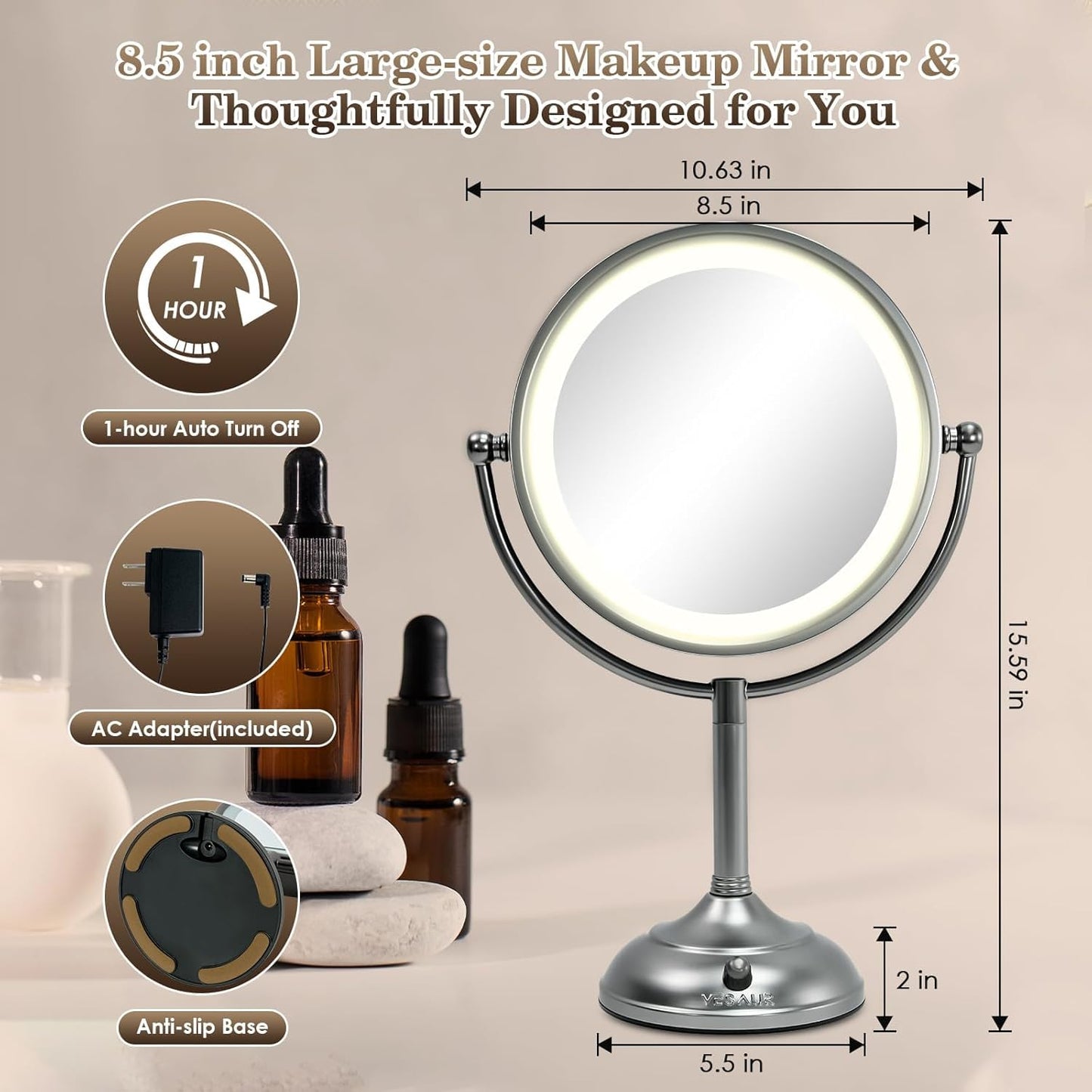 Professional 8.5" Large Lighted Makeup Mirror with Brighter Lights, 1X/10X True HD Magnifying Mirror with 3 Color Dimmable Lights, 90 Shadowless LEDs, 360°Swivel Seamless Vanity Mirror, Pearl Nickel