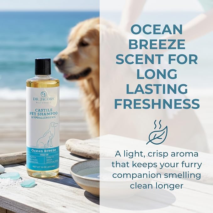 Dr. Jacobs Naturals Castile Pet Shampoo - Gentle Cat & Dog Wash with Pure Castile Soap - Plant-Based Dog Shampoo with Olive Oil, Coconut Oil, Shea Butter, Aloe Vera, Vitamin E - Ocean Breeze