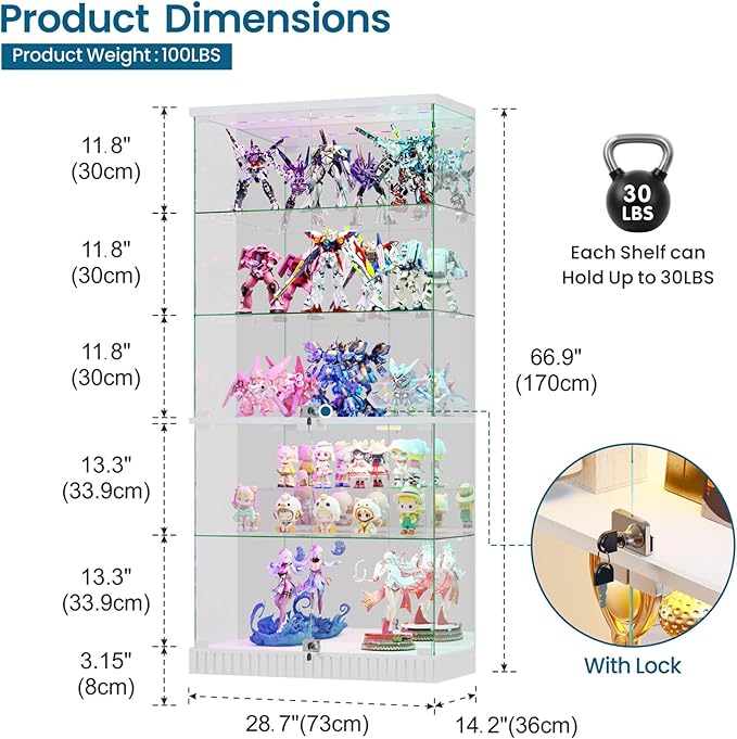 HNEBC 5 Tier Glass Display Cabinet, 66.9" Curio Cabinet