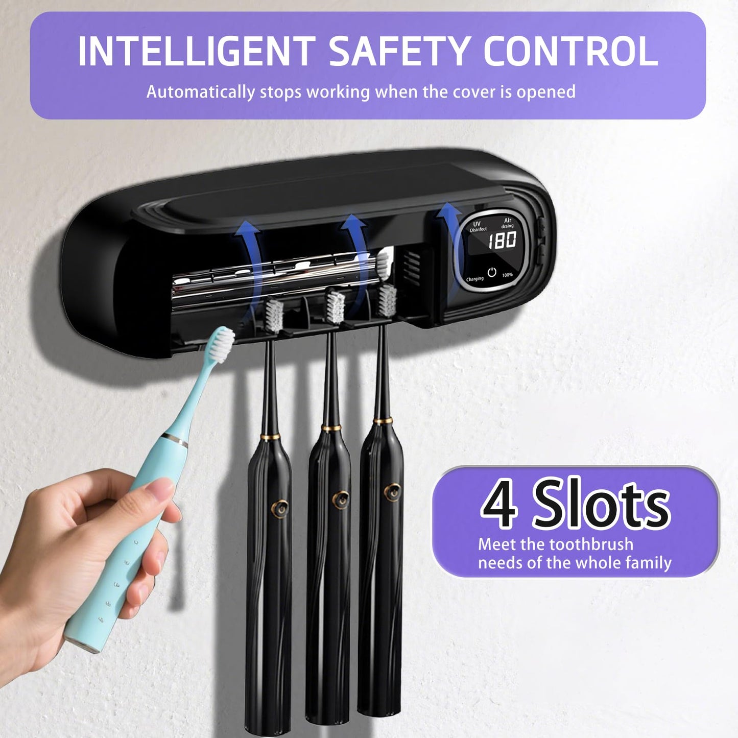 Wall Mounted Toothbrush Holders for Bathrooms, 4 Slots UV Toothbrush Sanitizer and Holder with Air Drying 3000mAh Rechargeable Cordless UV Toothbrush Cleaner with Timer Function & No Drilling (Black)