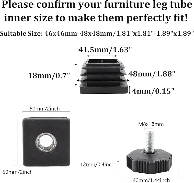 8Pcs Adjustable Leveling Feet 50 x 50mm Square Insert Kit Furniture Glide