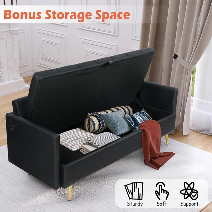 LINLUX Black Leather 60" W Couch