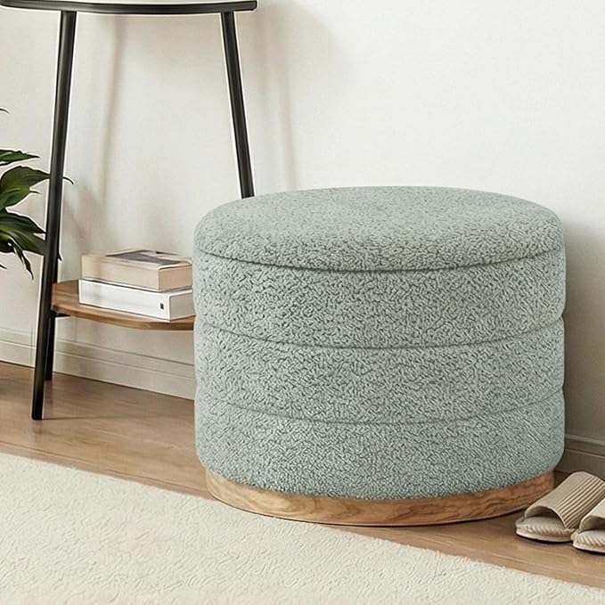Round Storage Ottoman with Tray Lid, Folding Chenille Fabric Footrest with