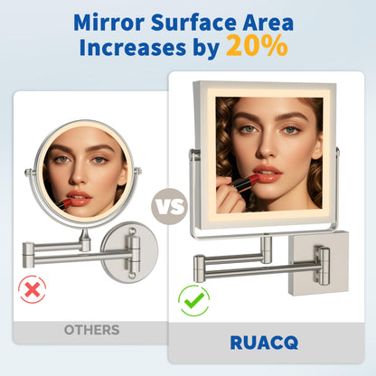 Ruacq Rechargeable Wall Mounted Makeup Mirror with Lights, Double Sided 1X/10X Magnifying Vanity Mirror with 3 Color Lighting, Touch Screen Dimmable, 360° Rotation Extension Foldable Arm(Matte Black)