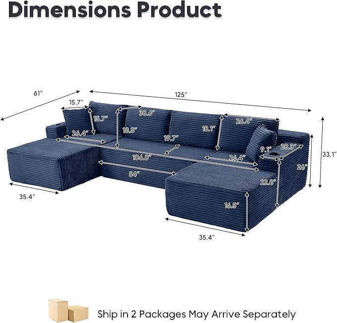 125 Inch Modular Sectional Sofa, Cloud Couch Oversized U Shaped Corduroy Sofa