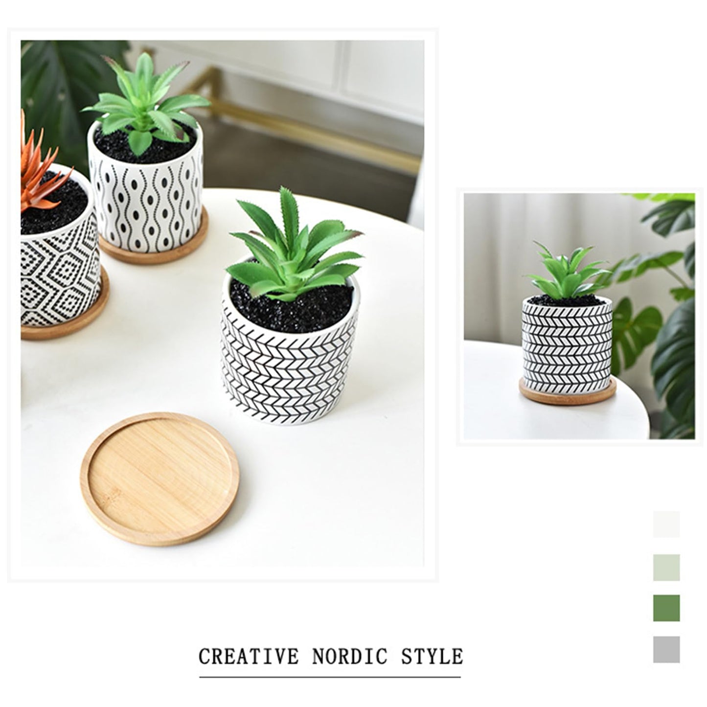 Succulent Pots, 3.5 Inch Small Succulent Planters with Drainage for Plants Live, Hand-Painted Ceramic Pot Flower Pots Bonsai Pots with Bamboo Tray, Unique Gifts for Women/Men, 4 Pack (Geometry-2)