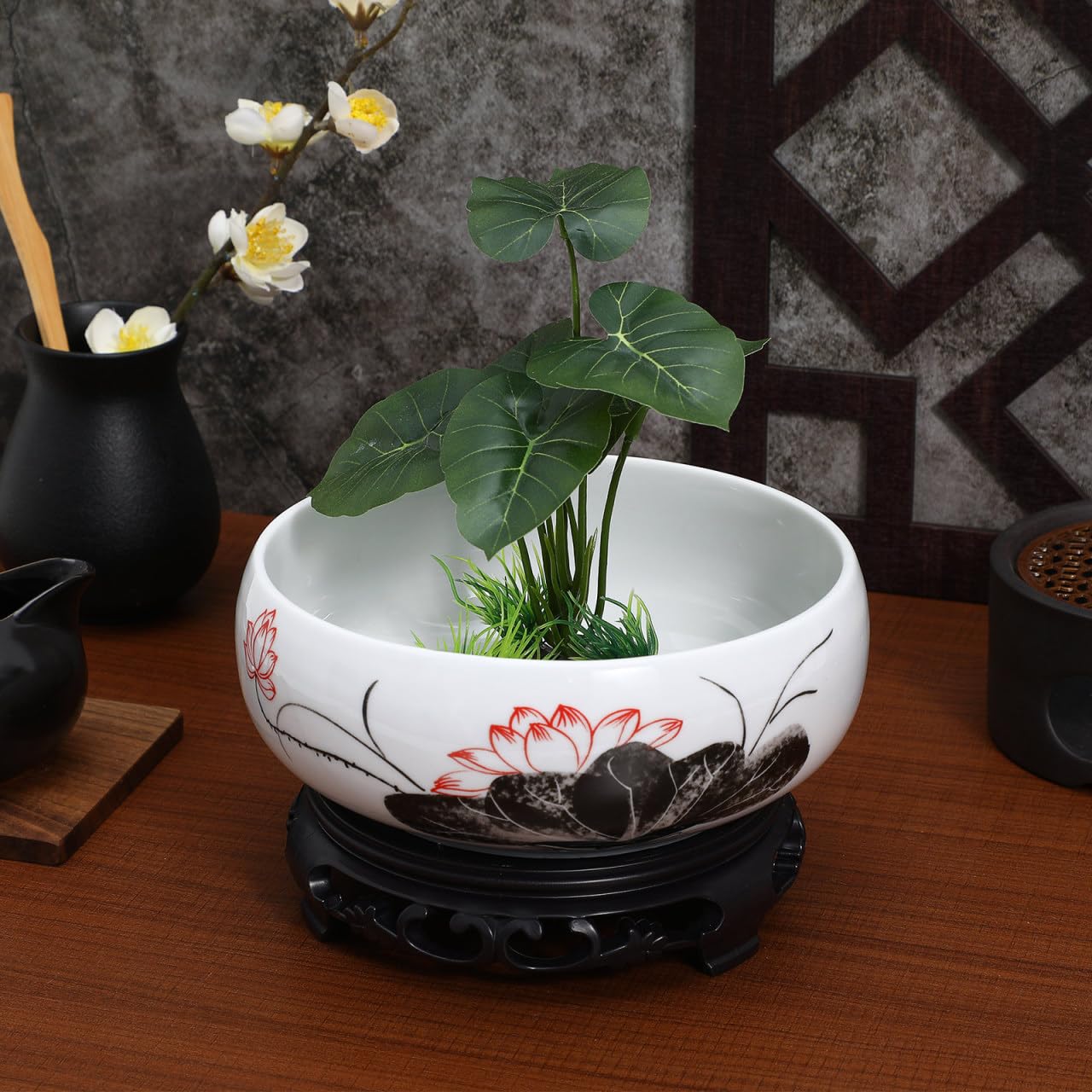 Yardwe Ceramic Hydroponic Planter Pot with Plastic Base, 7.08 Inch Round White Ceramic Lotus Bowl for Indoor Plants, Water Lily, and Home Decoration