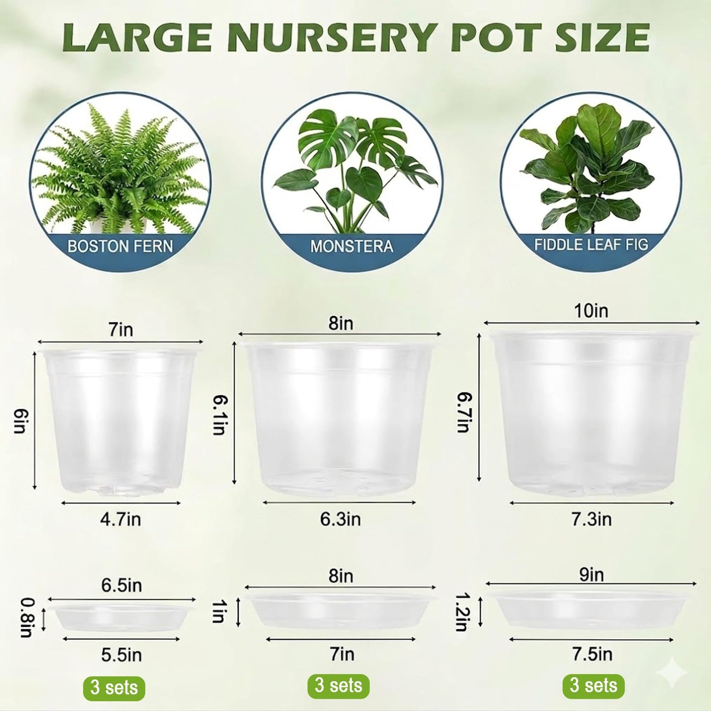 THEIFOXONE 9 Sets 7/8/10 Inch Large Clear Nursery Pots with Drainage Holes, Thick Reusable Plastic Plant Pots for Indoor Outdoor Plants, Seedlings, Succulents, Transplanting (7/8/10 inch)
