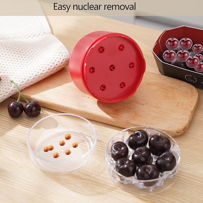 Cherry Pitter, Heavy-Duty 7-in-1 Olive and Cherry Pitters Corer Tool with Space-Saving Lock Design, Multi-Function Cherries Stoner Seed Remover Tool for Making Cherry Jam (Wine Red)