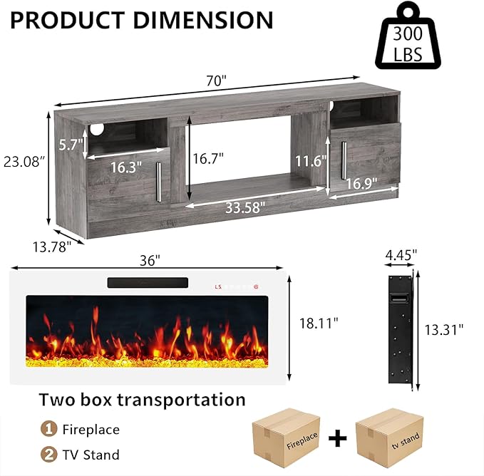 PRETZI Fireplace TV Stand with 36" Fireplace Up to 80" TVs, Remote Control