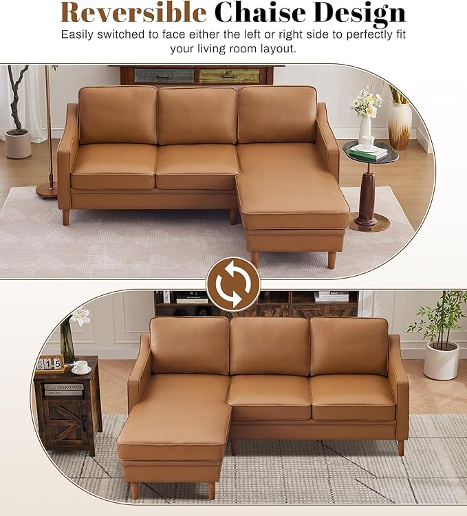 Kingfun 88" L-Shape Sofa, Faxu Leather Sectional Couch, Mid Century Modern