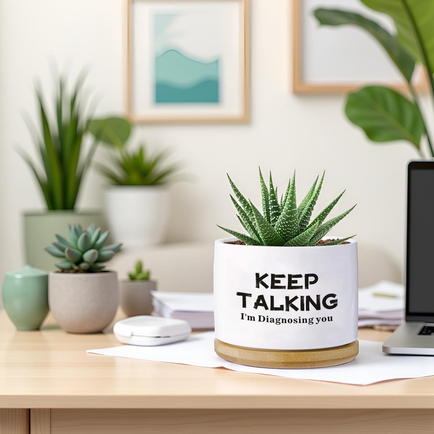 Psychology Decor Gifts,Keep Talking I'm Diagnosing You Funny Succulent Planter with Bamboo Tray - 3.5 Inch Funny Desk Decor, Psychologist Therapist Gift (White)(No Plants)