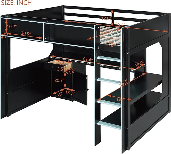 Modern Gaming Loft Bed with Built-in Desk, LED Lighting & Charging Hub – Full