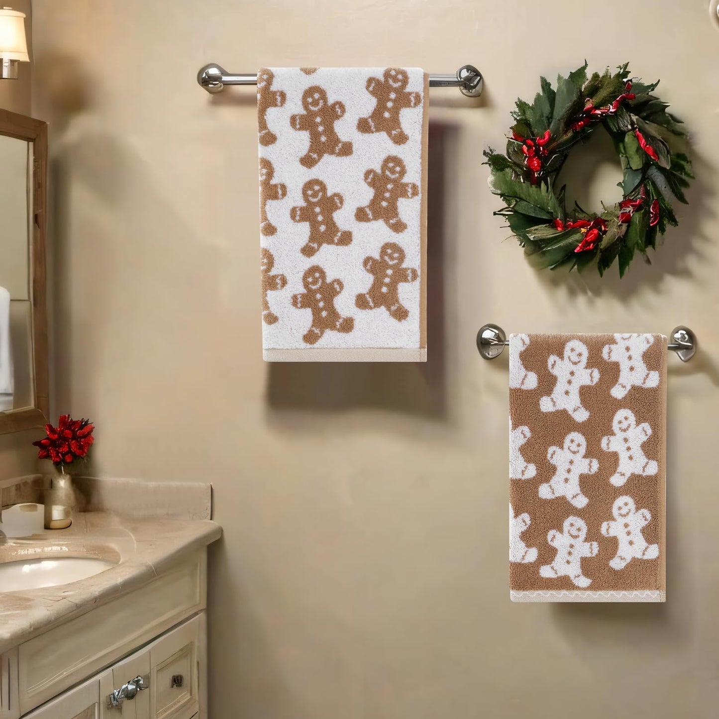 Shemilly 2pcs Christmas Hand Towels Brown Xmas Gingerbread Jacquard Hand Towel for Bath 100% Cotton Thick Soft Bathroom Kitchen Decorative Set for Christmas Winter Holiday Decor Gift,18 x 28 Inch