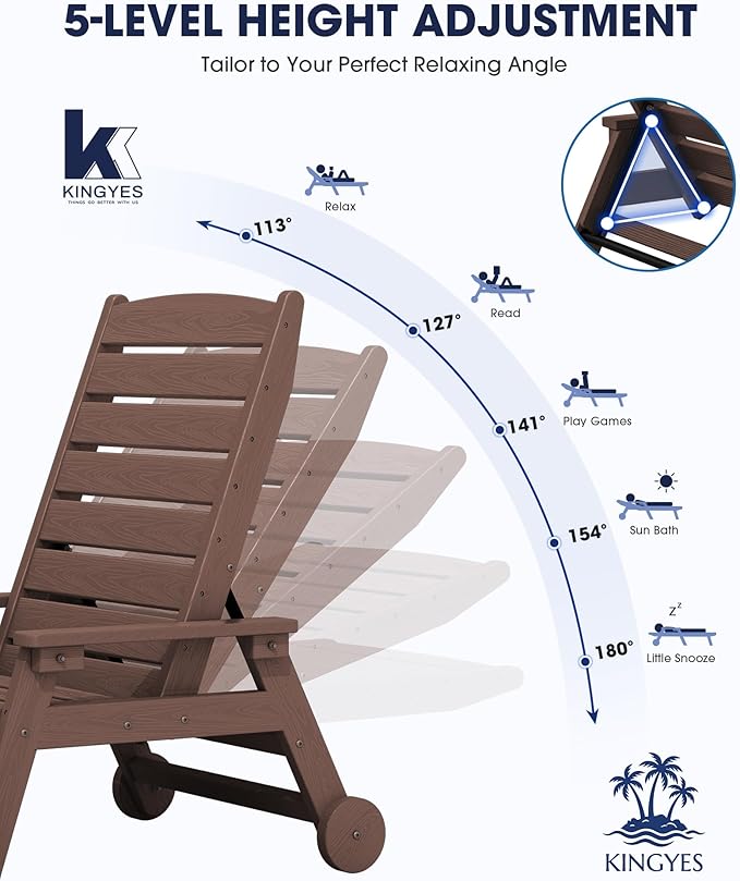 KINGYES HDPE Lounge Chair Outdoor, Patio Chaise Lounge Recliner