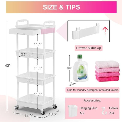 Goovilla 4 Tier Rolling Utility Cart Organizer with Removable Drawer, Stable and Sturdy White Rolling Storage Carts with 2 Lockable Wheels for Bathroom, Kitchen, Snack, Craft, Makeup, Baby Essentials