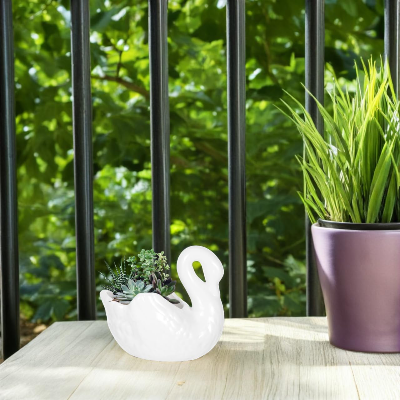 Yardwe Lovely Swan Ceramic Flowerpot with Drain Hole, White Porcelain Planter for Succulents, Decorative Plant Pot for Home and Office, 4.4 X 2.36 X 3.77 Inch