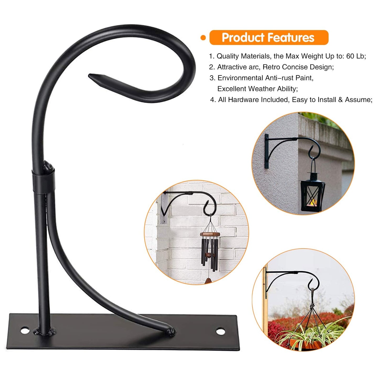 Iron Hanging Basket Brackets, 2 Pcs 11 Inch Durable Weather-Resistant Outdoor Plant Hooks for Hanging Plant Lantern Windchime Birdhouse Metal Sign Fruit Bracket, Screw Included